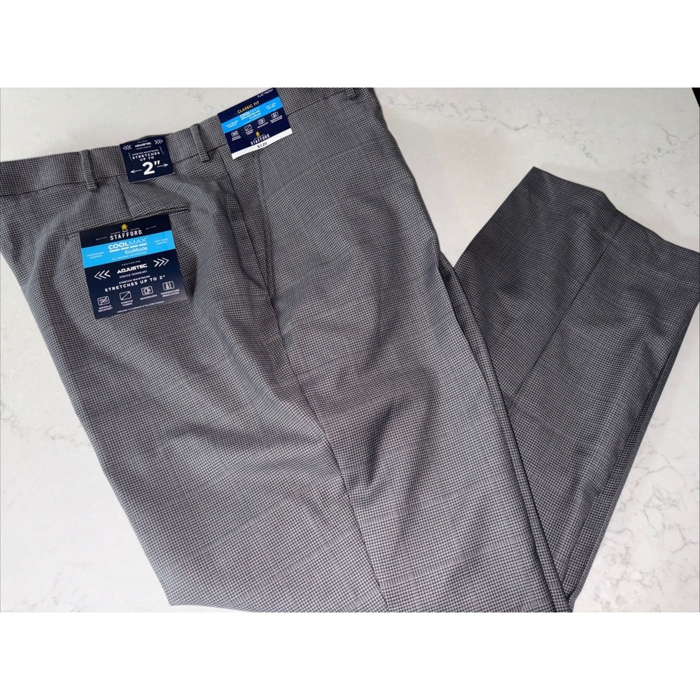 STAFFORD COOLMAX Flat Front Gray Houndstooth Dress Suit Pants - Size 44x30 - NWT